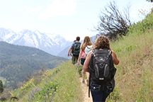 Students hiking up a trail